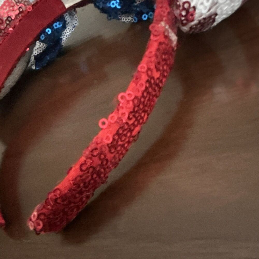 Disney Minnie Mouse USA Sequined Ears Bow Headband Striped Red/White/Blue - Picture 13 of 16